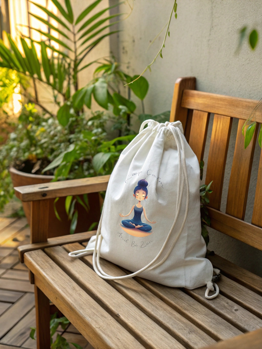 Mochila tipo saco blanca – Keep Calm and Be Zen